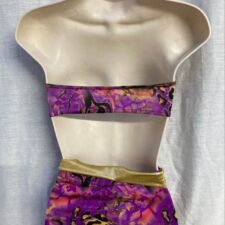 Purple animal print crop top and shorts with metallic gold details