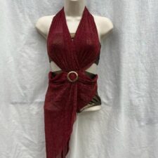 Gold flecked wine and metallic copper crop top and shorts with halter neck over scarf