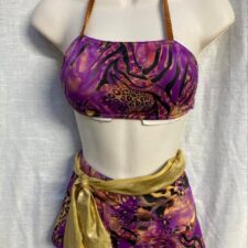 Purple animal print crop top and shorts with metallic gold details