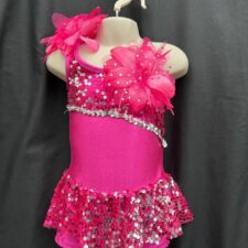Metallic pink and silver skirted biketard with large flower