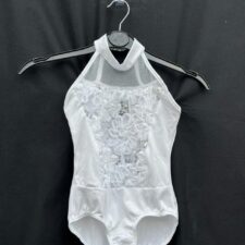 White high neck leotard with silver trim and floral embellishments (can be paired with a tutu skirt for an extraordinary look - photo attached)