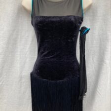 Black velvet and mesh leotard with turquoise trim, tassels and gloves
