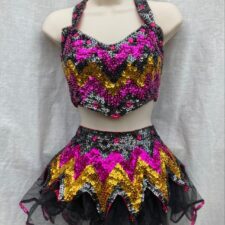 Black, silver, pink and gold sequin crop top and skirt with net underlay