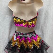 Black, silver, pink and gold sequin crop top and skirt with net underlay