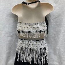 Black and ivory crop top and shorts with lace and floral detail
