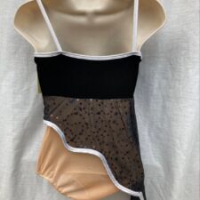 Black velvet top with angled hem and silver trim (nude leotard lining)