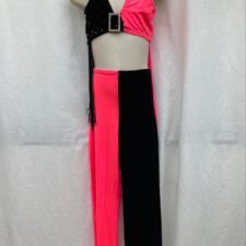 Neon pink and black velvet crop top with fringing and flared trousers