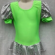 Neon green and silver skirted leotard with puffed sleeves