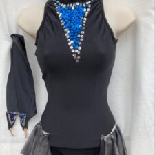 Black sequin leotard with peplum skirt and gloves
