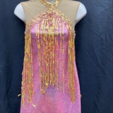 Pink sequin and nude mesh skirted biketard with hanging gold fringe