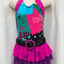 Pink and purple print biketard with multi layer lace skirt (includes lace gloves and leg warmers)