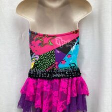 Pink and purple print biketard with multi layer lace skirt (includes lace gloves and leg warmers)