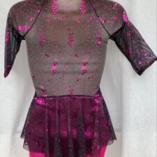 Pink and black metallic skirted biketard with speckled sequin mesh detail