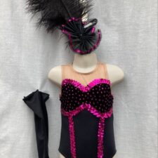 Black and pink sequin leotard, gloves and feather headpiece