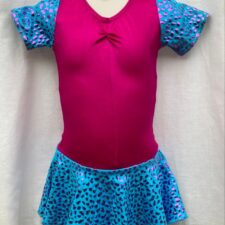 Raspberry and turquoise skirted leotard with metallic designs