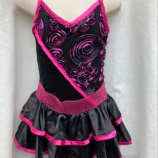 Black and pink skirted leotard with rosebud designed bodice