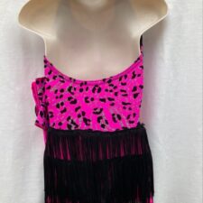 Pink and black leopard print fringed biketard with gloves and headband