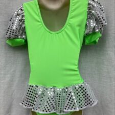 Neon green and silver skirted leotard with puffed sleeves