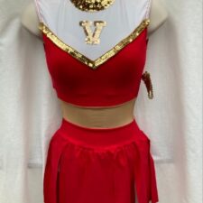 Red and gold cheerleader style skirted leotard
