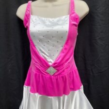 Pink velvet skirted leotard with white satin insert and flared skirt