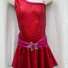 Metallic red and pink one shoulder skirted leotard with belt