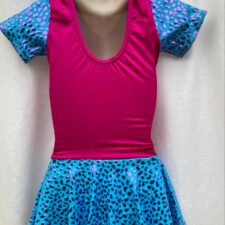 Raspberry and turquoise skirted leotard with metallic designs