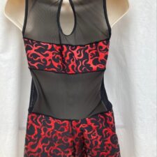 Black and red 'flame' print biketard with mesh insert