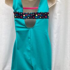 Turquoise biketard with one shoulder and star design