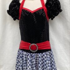 Red and black sequin puffed sleeve skirted leotard