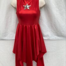 Metallic red skirted leotard with silver star embellishment and handkerchief hem