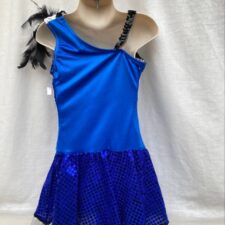 Blue sparkle skirted leotard with black and white piano keys design and feather detail