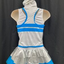 Turquoise, white and silver leotard with metallic ruffled skirt and hooded vest