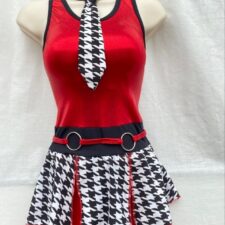 60's style red, white and black skirted leotard with tie and matching cap