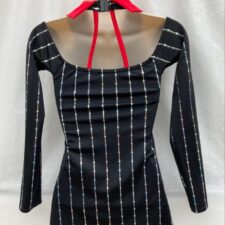 Black and sequin silver pinstripe skirted leotard with tie