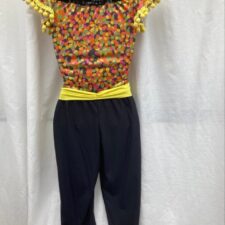 Multi colour bubble print leotard with pom pom trim and cropped trousers