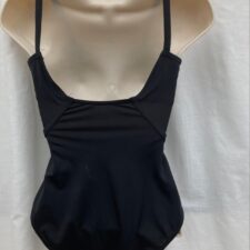 Black leotard with rouched front and high cut legs
