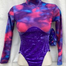Pink and purple tie dye top and purple velvet bottom leotard and scrunchie