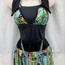 Black sparkle and graffiti print leotard and skirt with chain detail