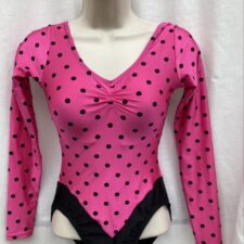 Pink and black spotty leotard with long sleeves and rouched front - Bespoke measurement costumes