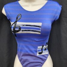 Blue cap sleeve leotard with musical note design - Bespoke measurement costumes