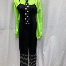 Neon green leotard and black jumpsuit with spotty tie