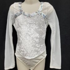 White velvet and mesh leotard with silver sequin trim