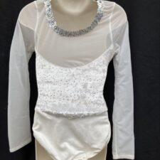 White velvet and mesh leotard with silver sequin trim