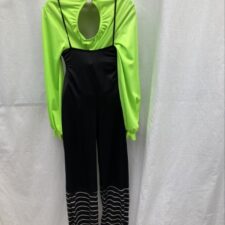Neon green leotard and black jumpsuit with spotty tie