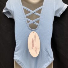 Pale blue short sleeve leotard with criss cross back with diamante trim