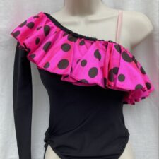 Black and pink spotty ruffle one sleeve leotard