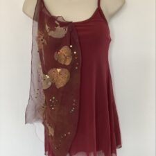 Burgundy chiffon skirted leotard with gold leaves overlay