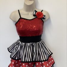 Red sequin, black and white striped skirted leotard
