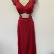 Red crop top with mesh sleeves and trousers with attached braces