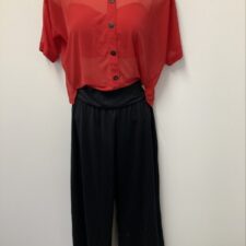 Red sheer top, with crop top and attached black trousers